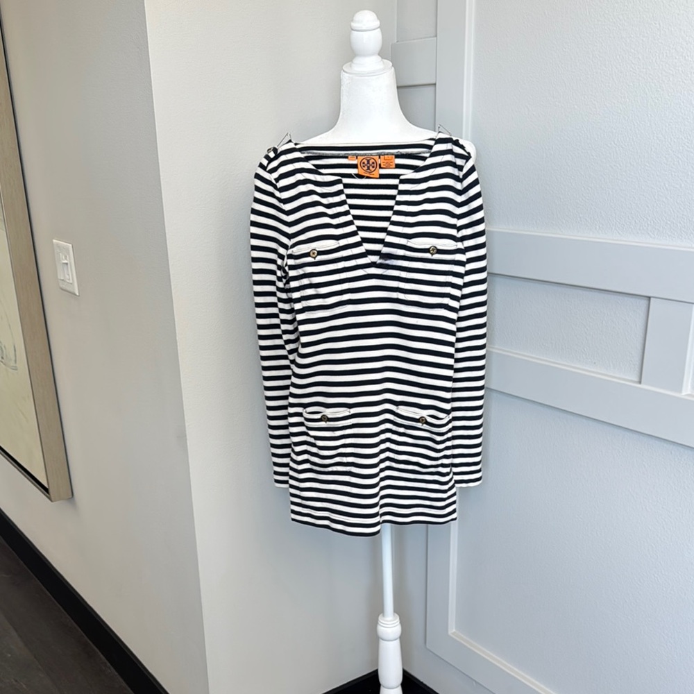 Tory Burch Navy and White Long Sleeve Tunic Top